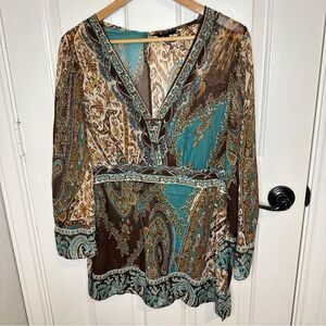 Y2K E By ECI Tan Teal Paisley Mirco Mesh Babydoll Long Sleeve Blouse XL Y2K Boho